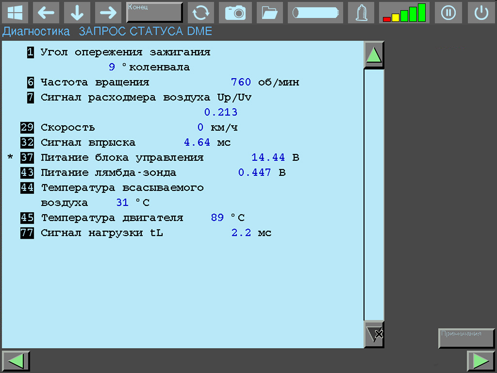 DIS live-data group 2: numerical parameters (ignition timing, RPM, AFM voltage, injection time, temperatures)