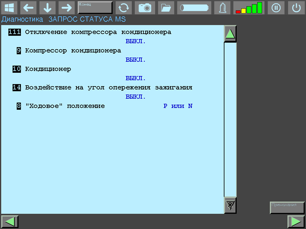 MS40.0 auxiliary systems: A/C off, compressor shut-off inactive, selector position P/N