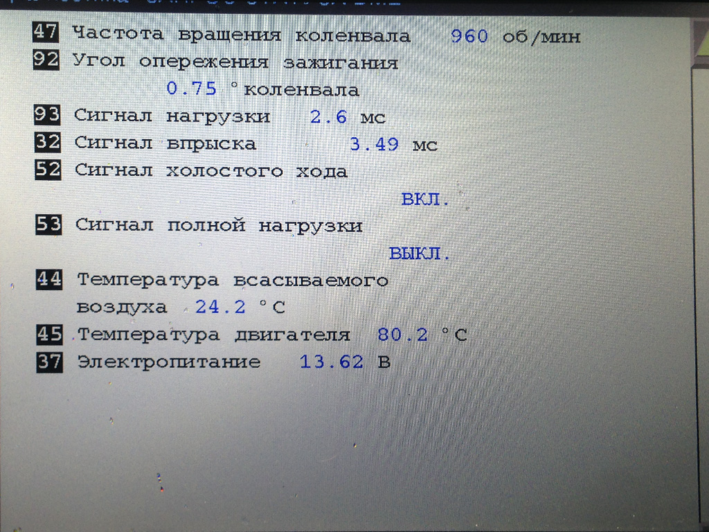 S38B36 ECU main parameters: RPM 960, ignition 0.75°, load 2.6 ms, injection 3.49 ms, engine temp 80.2°C