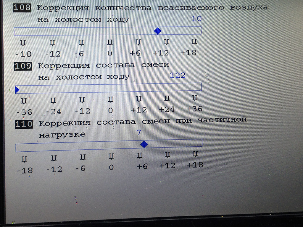 S38B36 ECU adaptations: idle air correction 10, idle mixture adaptation 122, partial load mixture adaptation 7