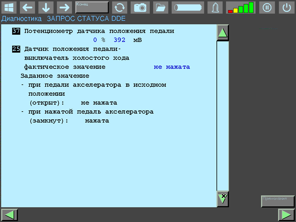 DDE 2.0 pedal and idle dаta: pedal potentiometer 0% (392 mV), idle switch OFF