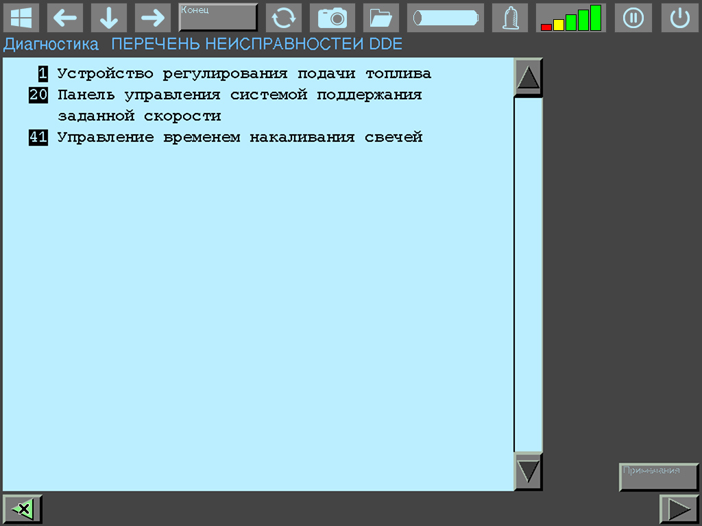 DDE 2.1 fault codes: 1 - fuel delivery control device, 20 - cruise control panel, 41 - glow plug control