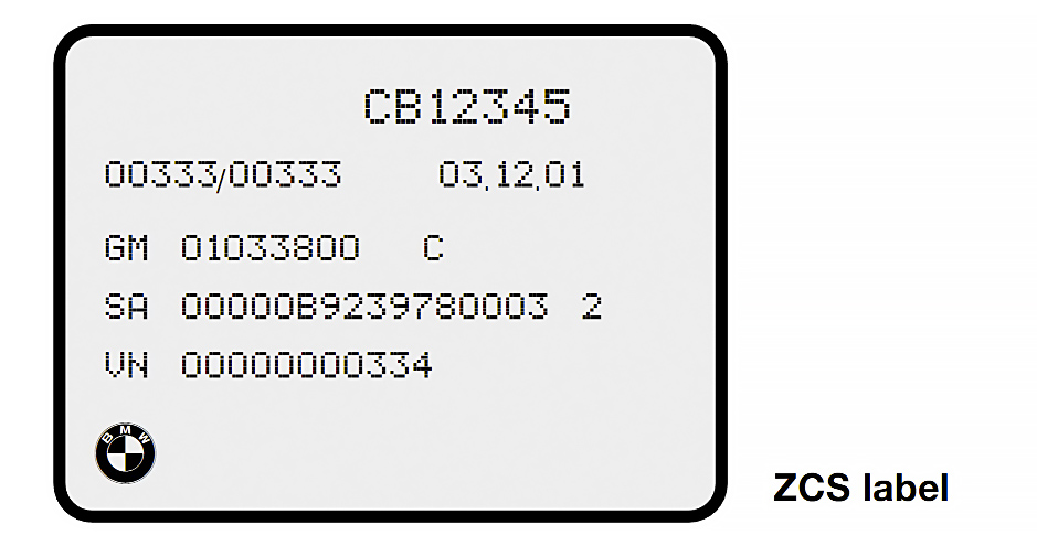 BMW ZCS Code Label - Physical Sticker Location